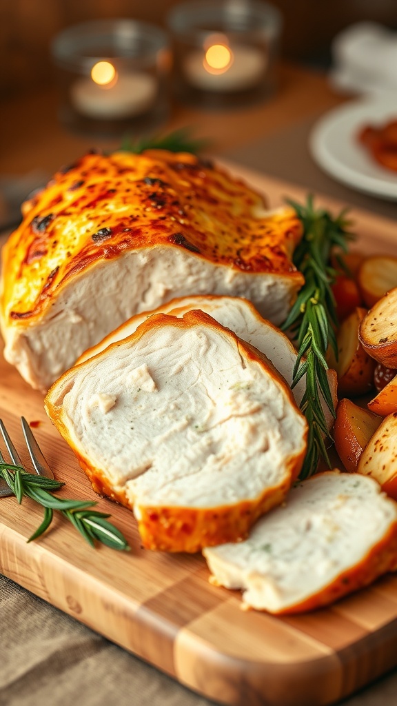 Sliced air fryer boneless turkey breast on a wooden cutting board with rosemary and roasted vegetables.
